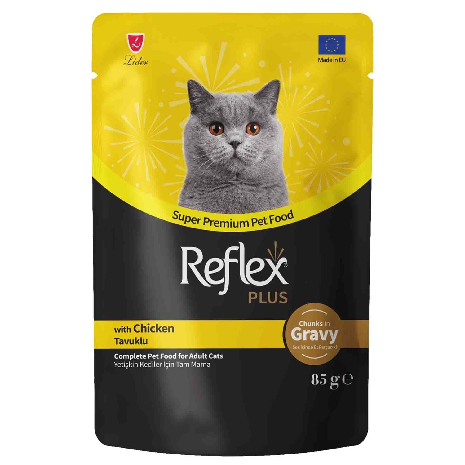 REFLEX PLUS POUCH SOS İÇİNDE ET PARÇACIKLI TAVUKLU YETİŞKİN KEDİ MAMASI 85 G				
