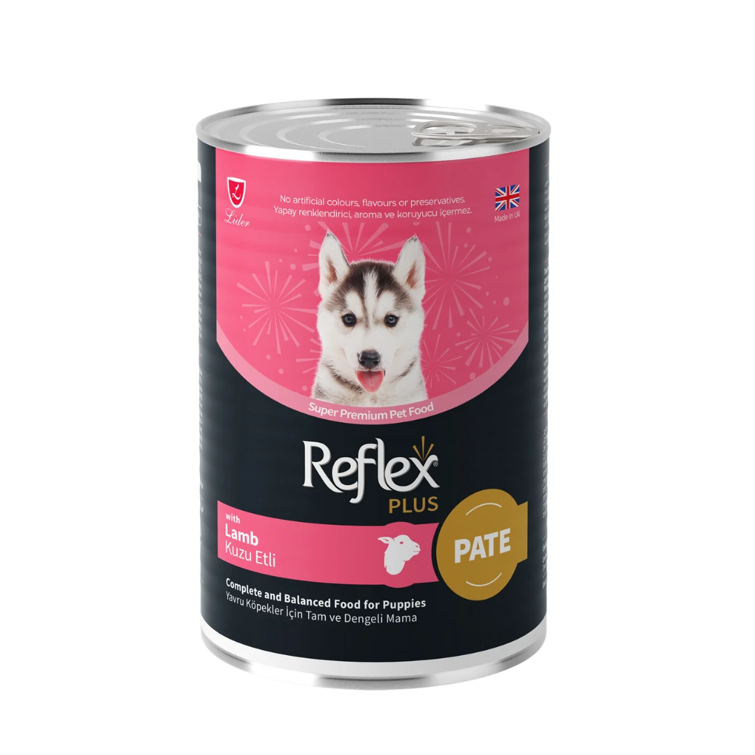 REFLEX PLUS PATE İÇİNDE KUZULU YAVRU KÖPEK MAMASI 395 G				